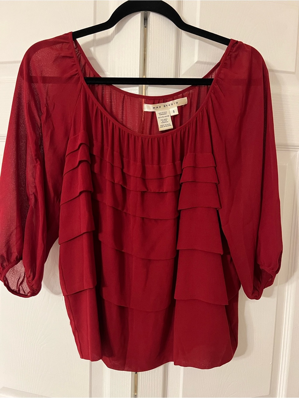 Max Studio Red Ruffle Front Semi-Sheer Blouse